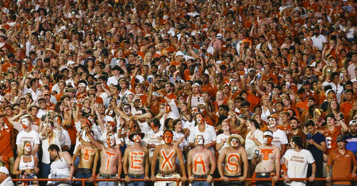 The Texas student section reacts during the fourth quarter of a college football game between the University of Texas and Louisiana State University on Saturday, Sept. 7, 2019 at Darrell Royal Memorial Stadium in Austin, Texas. (Ryan Michalesko/Dallas Morning News/TNS)