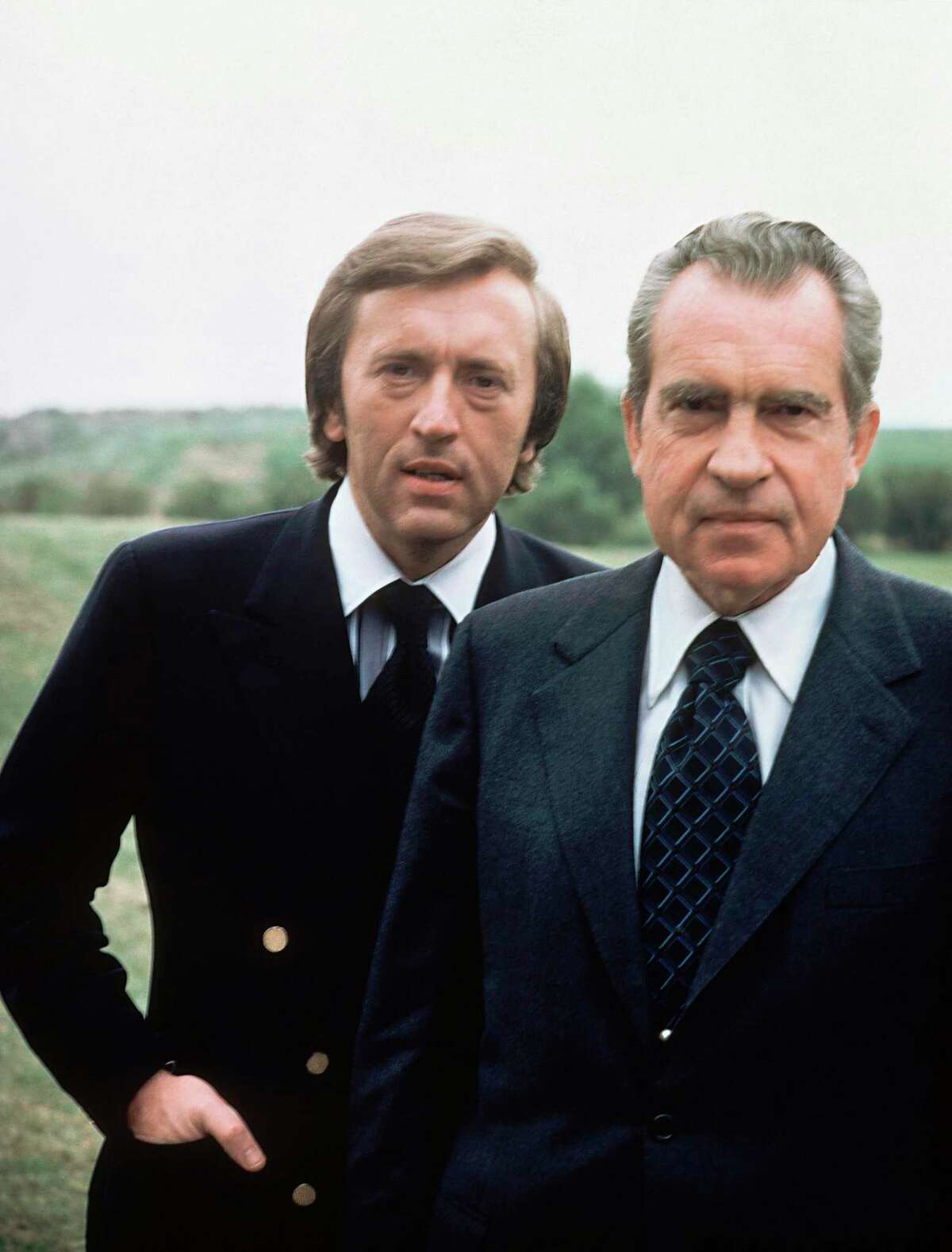 Former US President Richard M. Nixon, right, with broadcaster David Frost in California in this 1977 file photo.