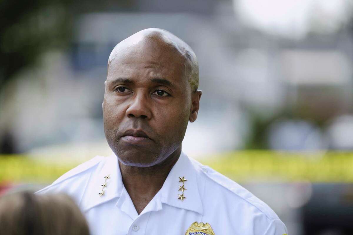 Albany Police Chief Eric Hawkins talks to members of the media at the scene of a shooting on Southern Blvd. on Monday, Aug. 17, 2020, in Albany, N.Y. (Paul Buckowski/Times Union)