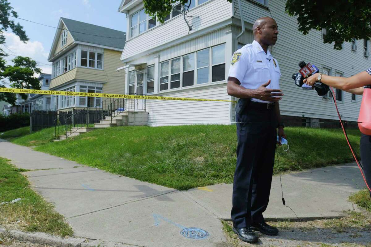 Albany Police Chief Eric Hawkins talks to members of the media at the scene of a shooting on Southern Blvd. on Monday, Aug. 17, 2020, in Albany, N.Y. (Paul Buckowski/Times Union)