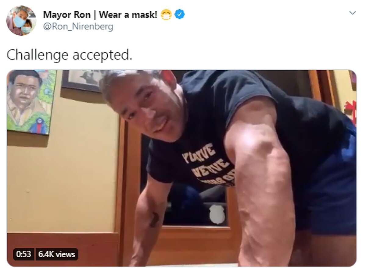 San Antonio Mayor Ron Nirenberg shows off his pushup skills for a good