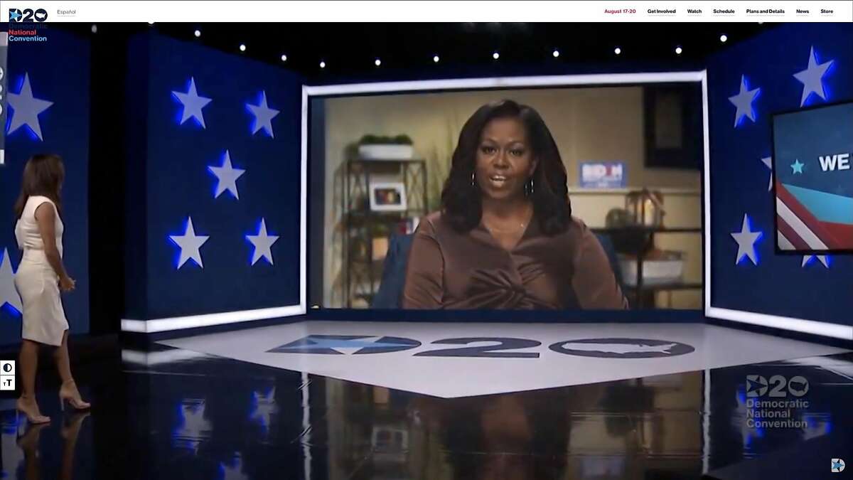 In this screenshot from the DNCCs livestream of the 2020 Democratic National Convention, actress and activist Eva Longoria (L) introduces Former First Lady Michelle Obama to address the virtual convention on August 17, 2020.