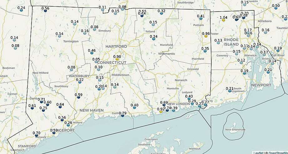 For most of Connecticut, rainfall totals Tuesday morning on Aug. 18, 2020 exceeded the rainfall amounts from Tropical Storm Isaias on Aug. 4. With 1.38 inches from Isaias, Goshen had the most rain; East Lyme had the least with 0.04 of an inch. Map shows statewide rainfall totals from Tuesday. Photo: Connecticut Community Collaborative Rain, Hail And Snow Network