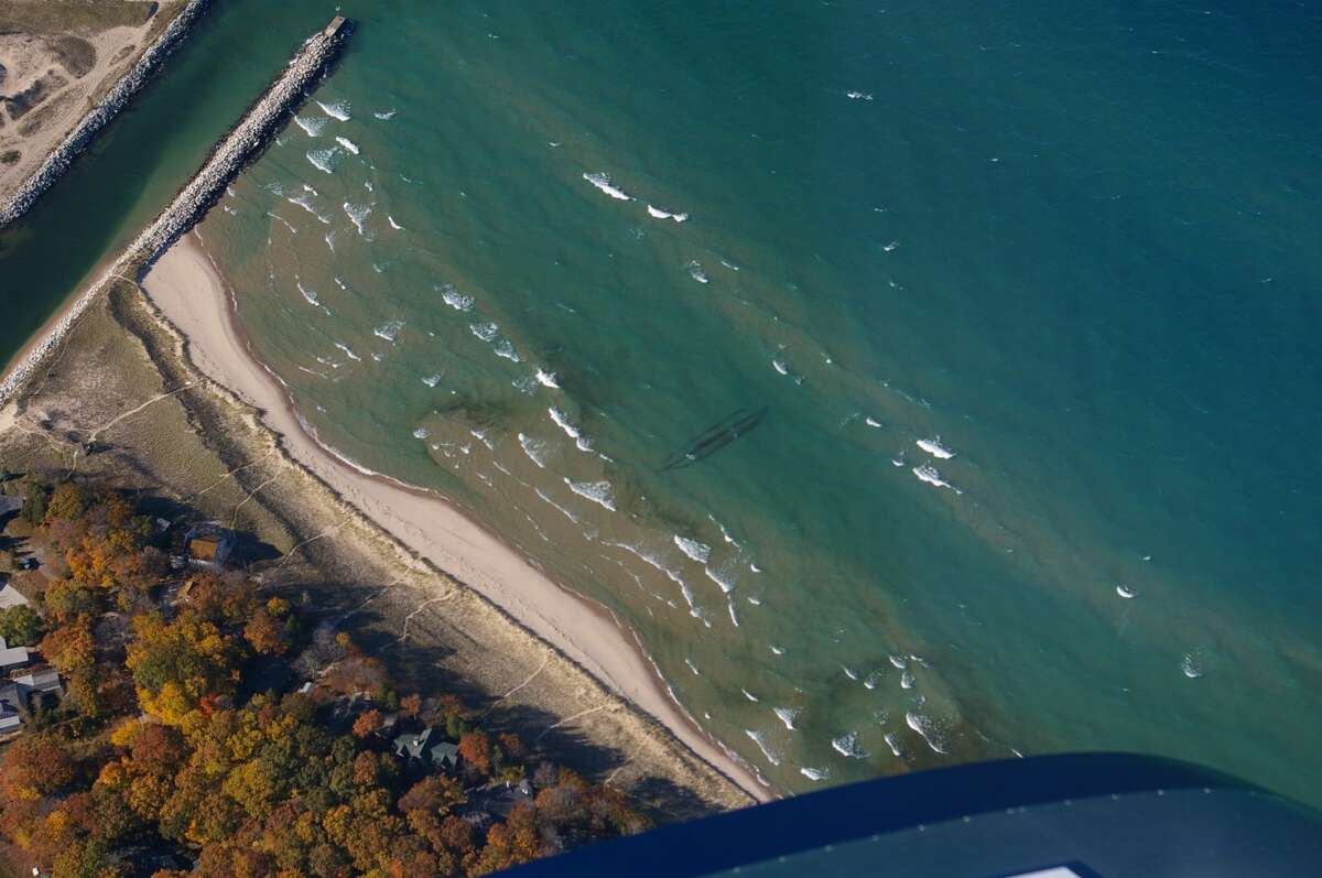 This 2010 photo shows a shipwreck just south of the Arcadia breakwater. The News Advocate has been unable to identify the ship with certainty.