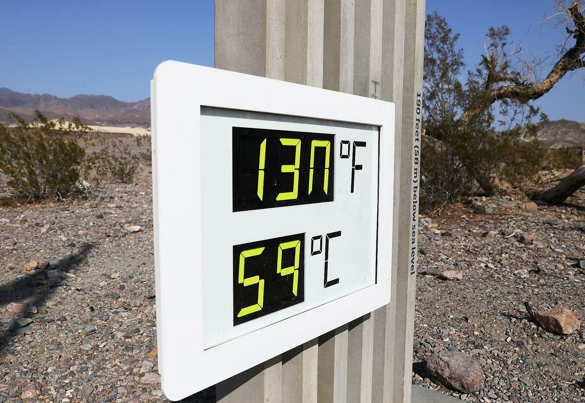 A thermometer at the Furnace Creek Visitors Center in Death Valley National Park in August 2020 —130 degrees is a modern record high temperature in a record-hot year.