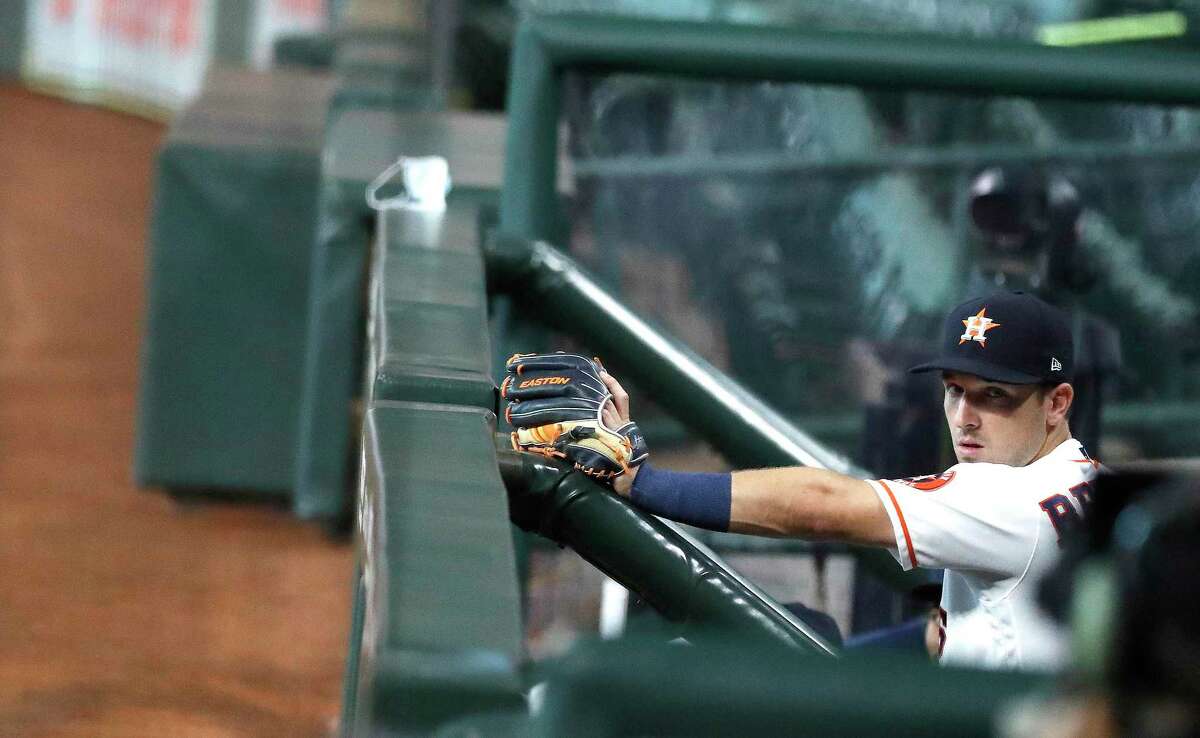 Houston Astros third baseman Alex Bregman (2) prepares to take the field to start the first inning of an MLB baseball game at Minute Maid Park, Tuesday, August 18, 2020, in Houston.