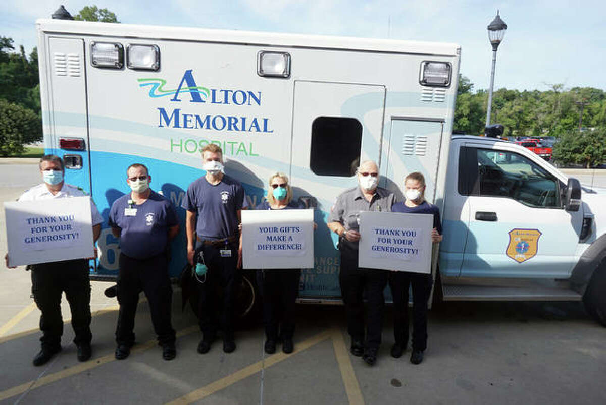 The EMS staff at Alton Memorial Hospital thanks all sponsors, donors, volunteers and supporters of the 2020 Duck Pluckers, Deer Skinners & Fish Hookers Ball. Pictured from left are EMS Manager Jason Bowman, Squad Leader Matt Jolly, EMT Brandon Droste, EMT Rose Hand, Paramedic Harold Brooks and Paramedic Madison Roam.