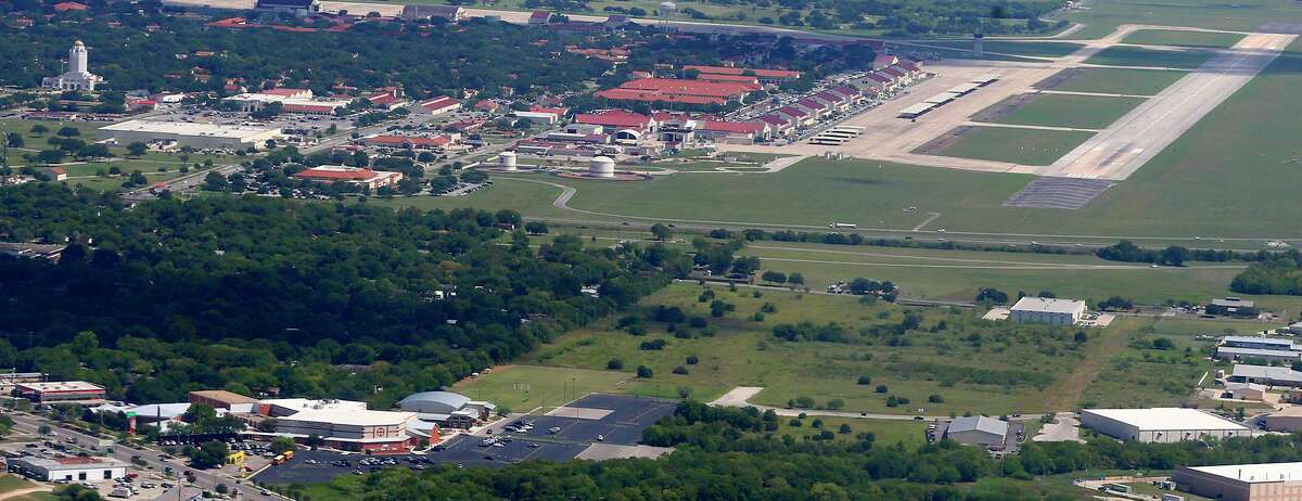 This aerial picture made in 2017 from the seat of a U.S. Air Force training plane shows the First Baptist Church Universal City (lower left) and its proximity to the flight path of planes that take off and land at Joint Base San Antonio-Randolph (top).
