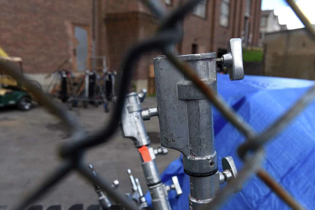 Movie lighting equipment is stored outside the Schenectady Armory where an Amazon Prime series called "Modern Love" is being filmed on Wednesday, Aug. 19, 2020, in Schenectady, N.Y. (Will Waldron/Times Union)