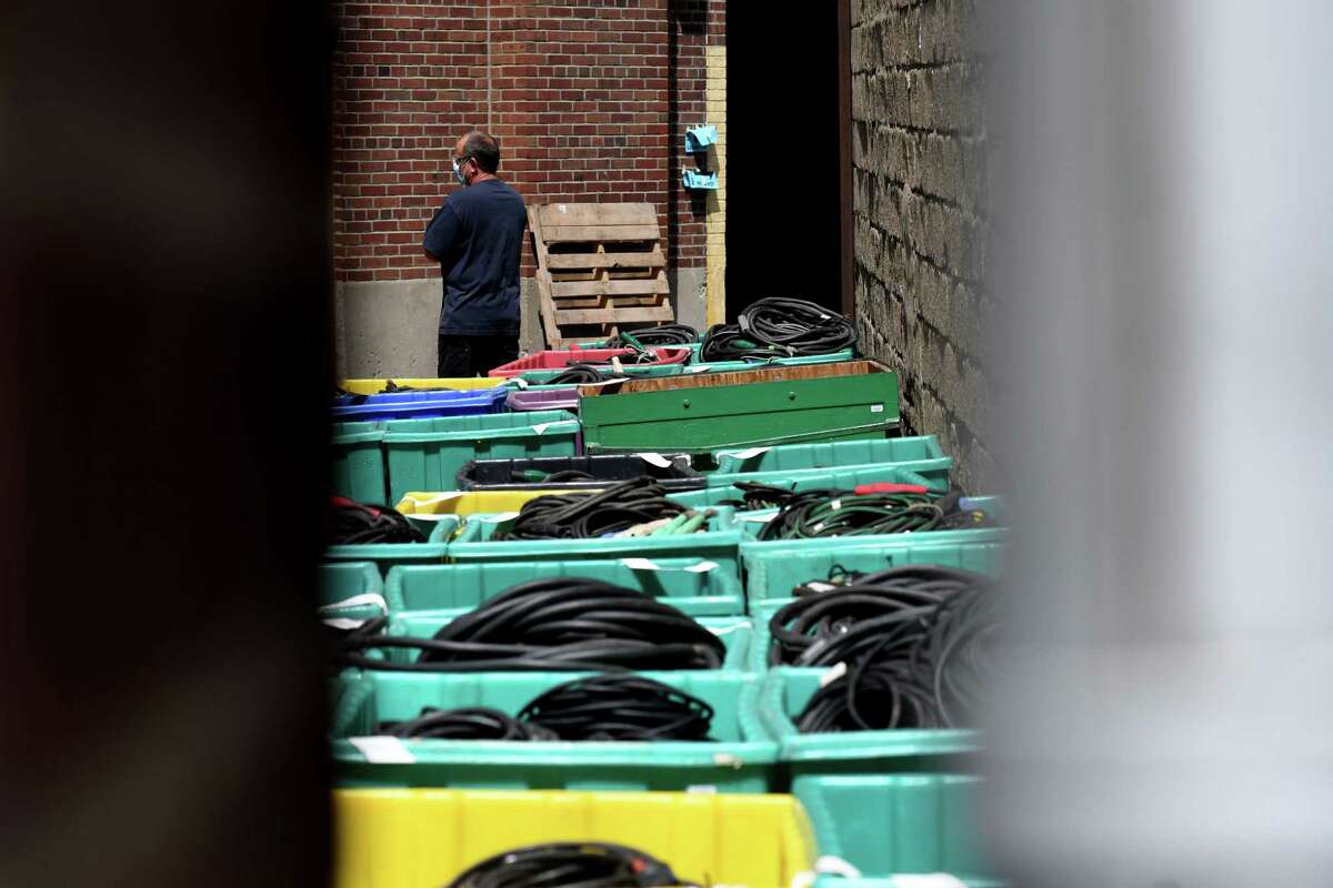 Movie lighting equipment is stored outside the Schenectady Armory where an Amazon Prime series called 
