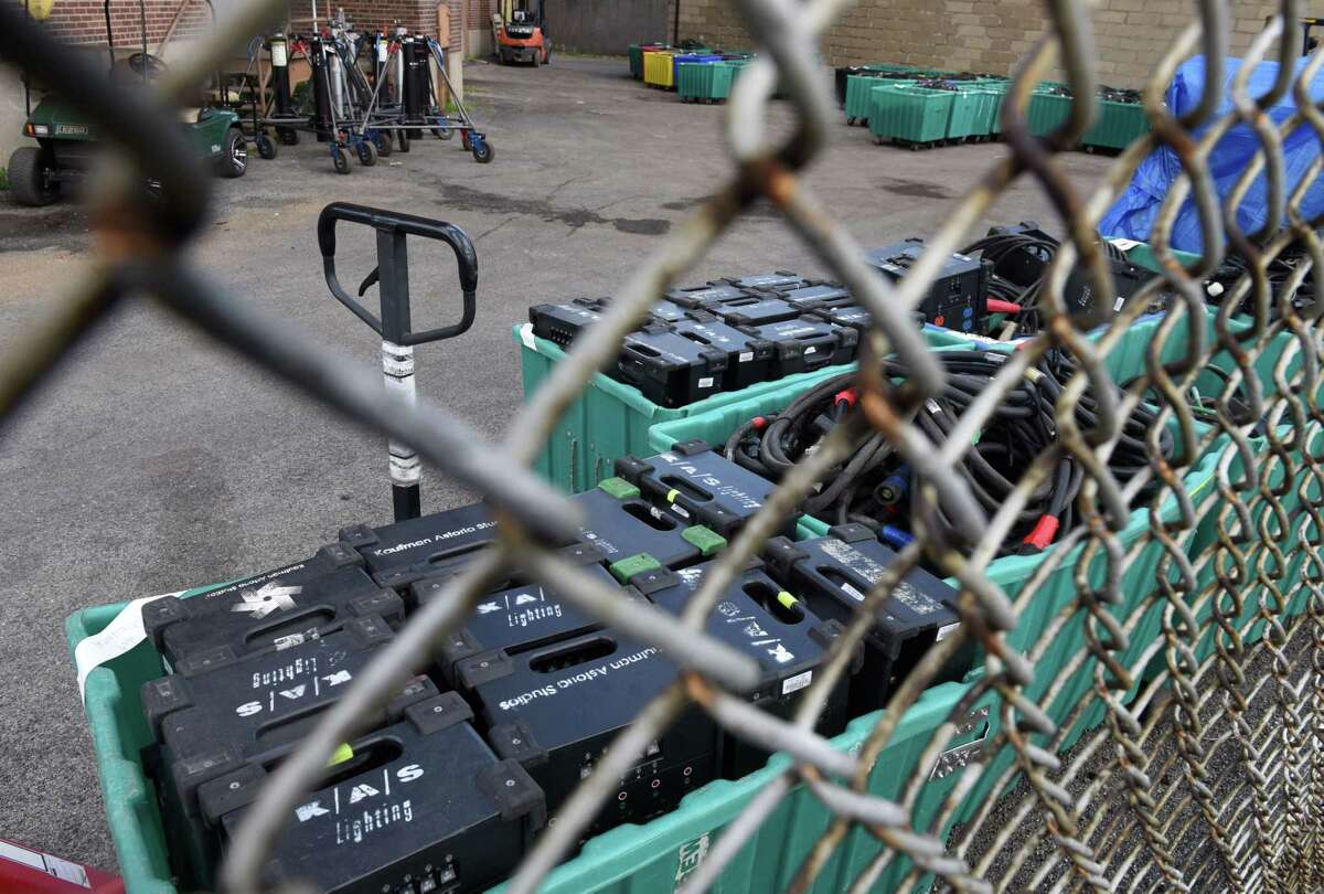 Movie lighting equipment is stored outside the Schenectady Armory where an Amazon Prime series called 