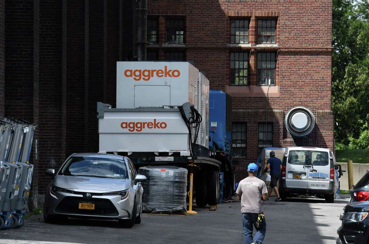 Generators for movie lighting are housed outside the Schenectady Armory where an Amazon Prime series called 