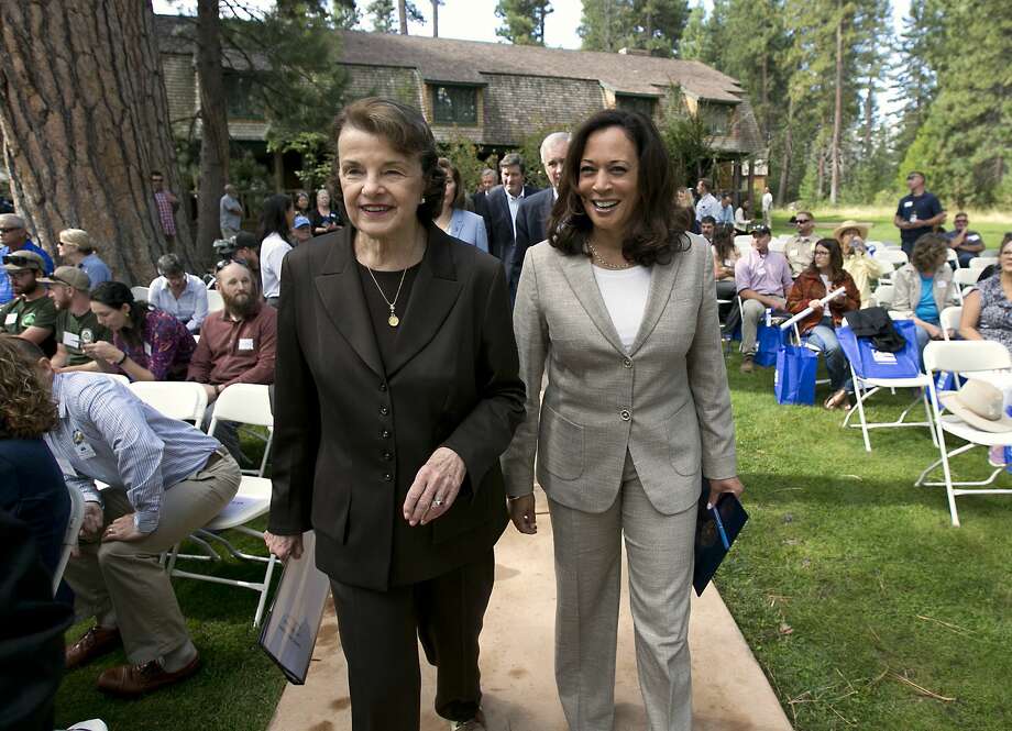 FILE - California's Democratic United States Senators, Dianne Feinstein, left, and Kamala Harris, walk together to speak at the 21st Annual Lake Tahoe Summit, Tuesday, Aug. 22, 2017, in South Lake Tahoe, Calif. The summit is gathering of federal, state and local leaders to discuss the restoration and to sustain Lake Tahoe.(AP Photo/Rich Pedroncelli) Photo: Rich Pedroncelli/AP / Copyright 2017 The Associated Press. All rights reserved.