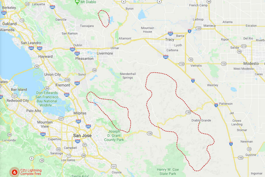 Google Maps has the approximate boundary of the SCU Lightning Complex Fire, derived from NOAA’s GOES satellite as of noon on Wednesday, Aug. 19, 2020. Photo: Google Maps