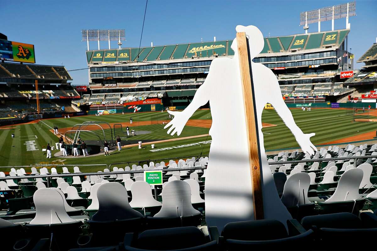A cut out in the stands before Oakland Athletics play Los Angeles Angels in season opener at Oakland Coliseum in Oakland, Calif., on Friday, July 24, 2020.