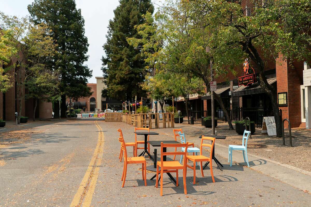 Outdoor seating set up downtown Santa Rosa, California, August 19, 2020.