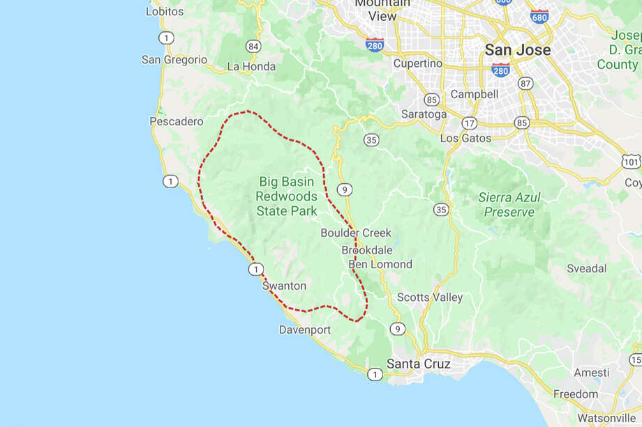 The approximate boundary of the CZU Lightning Complex Fire, derived from NOAA’s GOES satellite as of 7 am on Thursday, Aug. 20, 2020. Photo: Google Maps