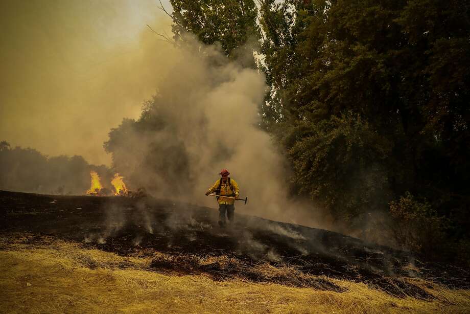 A firefighter works to contain the LNU Lightning Complex Fire off of Gibson Canyon Road in Vacaville, August 19, 2020. Photo: Gabrielle Lurie, The Chronicle