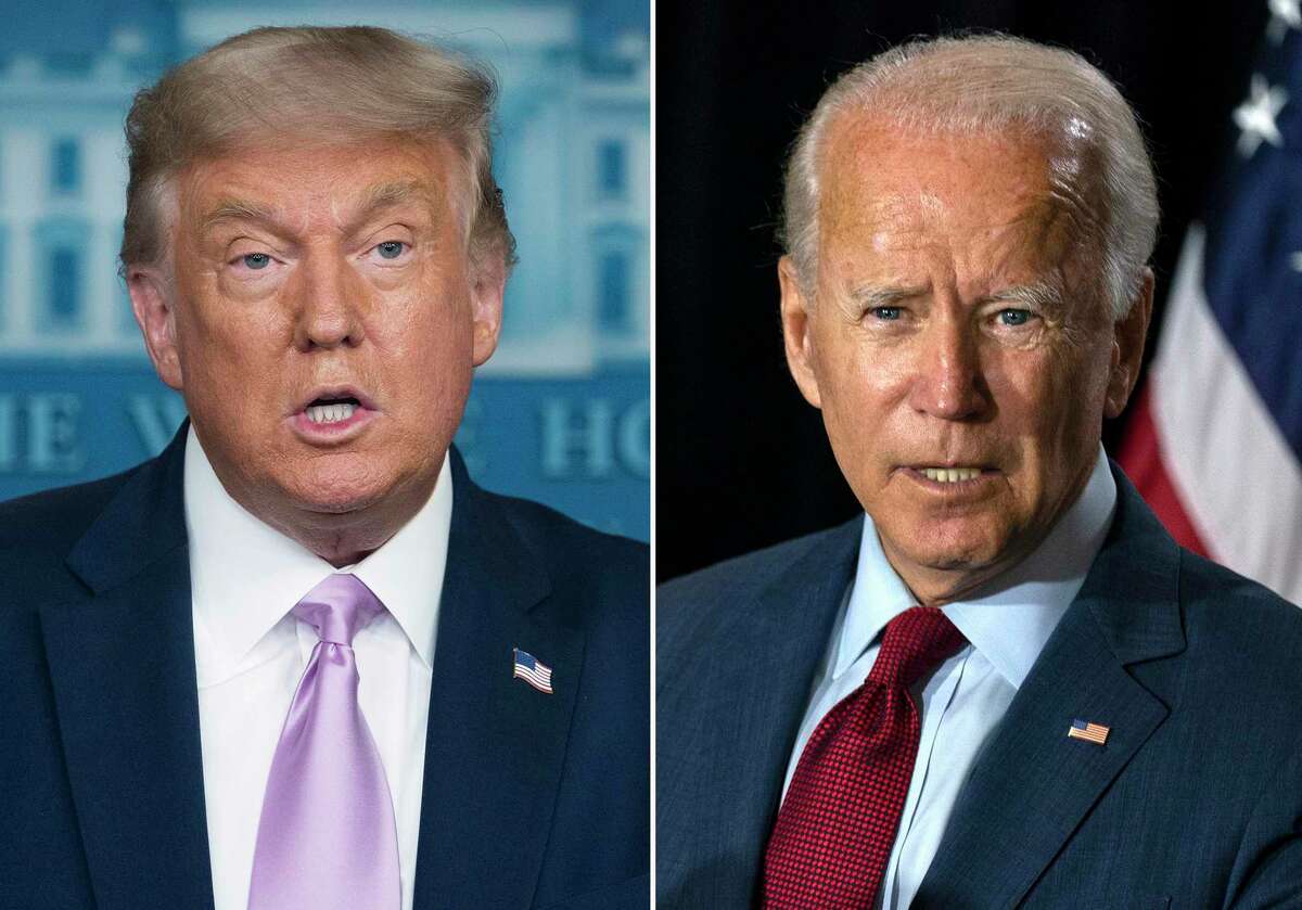 In this combination photo, president Donald Trump, left, speaks at a news conference on Aug. 11, 2020, in Washington and Democratic presidential candidate former Vice President Joe Biden speaks in Wilmington, Del. on Aug. 13, 2020. The conventions, which will be largely virtual because of the coronavirus, will be Aug. 17-20 for the Democrats and Aug. 24-27 for the Republicans. (AP Photo)