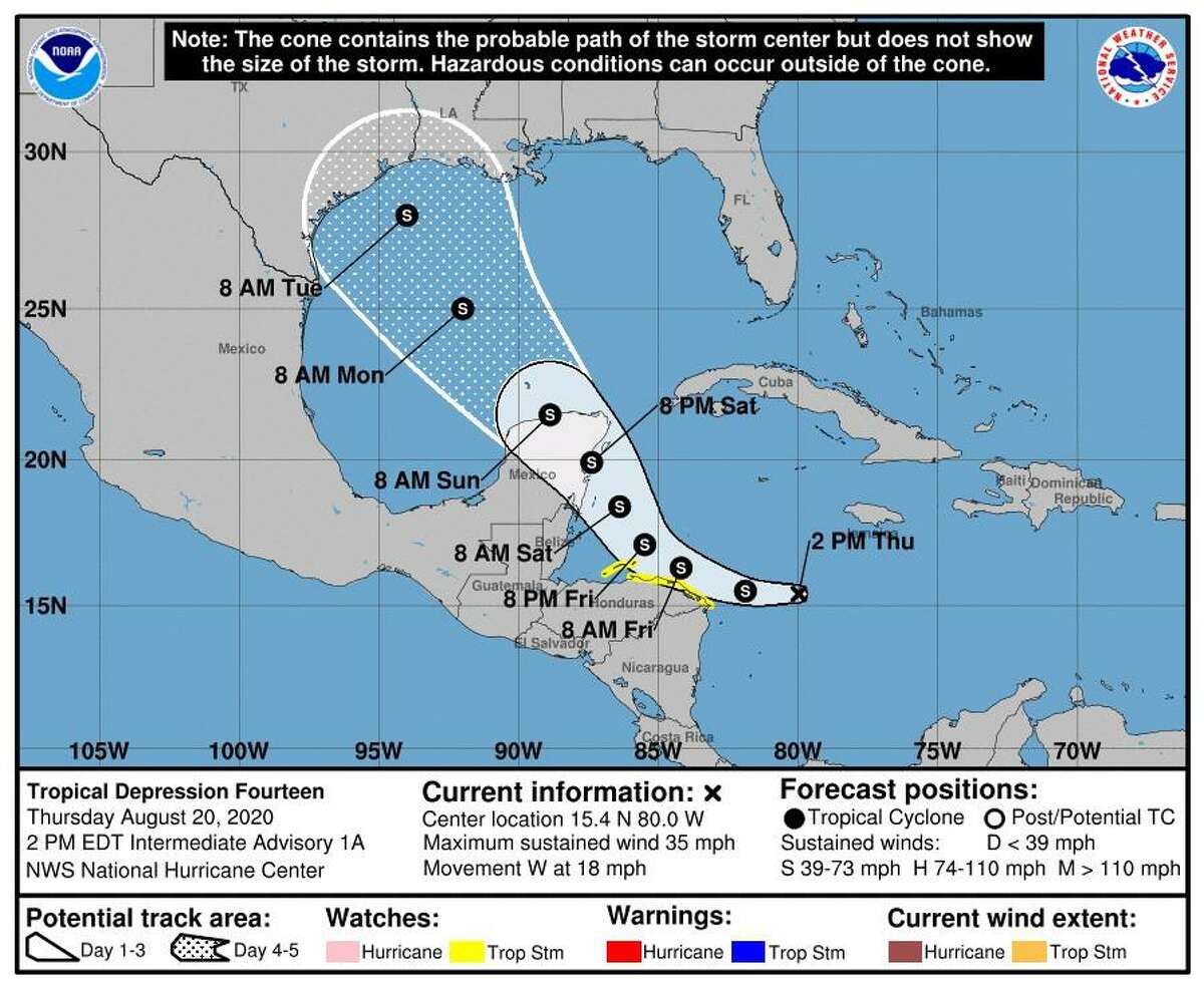 Pictured is the probable path for the center of Tropical Depression 14 as of  1 p.m. CDT Aug. 20, 2020.