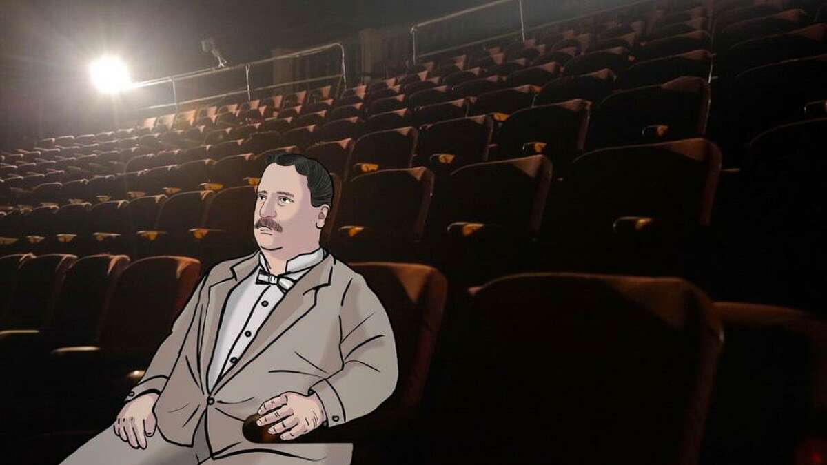 An animated depiction of Sylvester Poli in one of his movie theaters.
