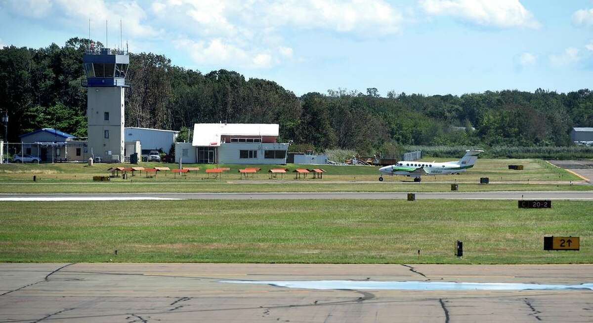 A small plane lands at Tweed New Haven Regional Airport in New Haven on August 20, 2020.