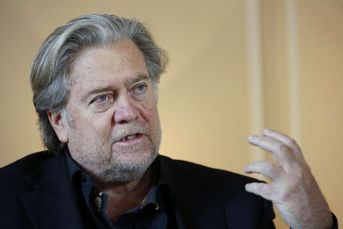 FILE - In this May 27, 2019 file photo, former White House strategist Steve Bannon pauses prior to an interview in Paris. (AP Photo/Thibault Camus, File)