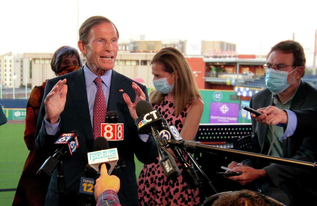 Sen. Richard Blumenthal speaks to the media during the virtual Democratic convention for the nomination of Joe Biden for president at Dunkin’ Donuts Park in Hartford on Aug. 20.