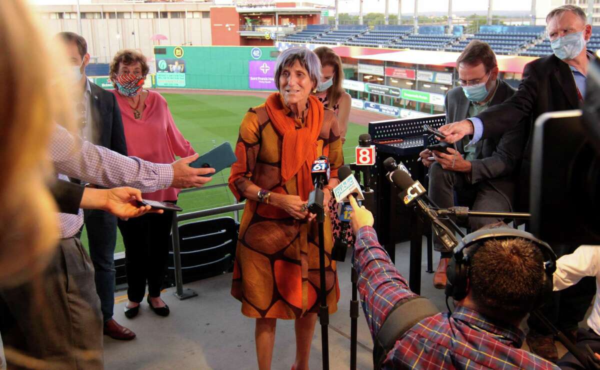 Congresswoman Rosa DeLauro speaks to the media during the virtual Democratic Convention for the nomination of Joe Biden for president at Dunkin' Donuts Park in Hartford in August.