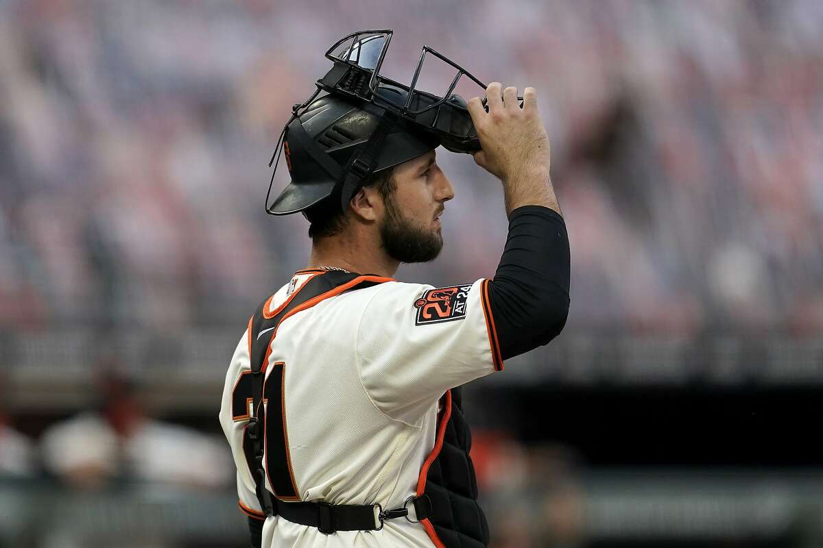 San Francisco Giants catcher Joey Bart waits at the plate during the first inning of a baseball game against the Los Angeles Angels in San Francisco, Thursday, Aug. 20, 2020. (AP Photo/Jeff Chiu)