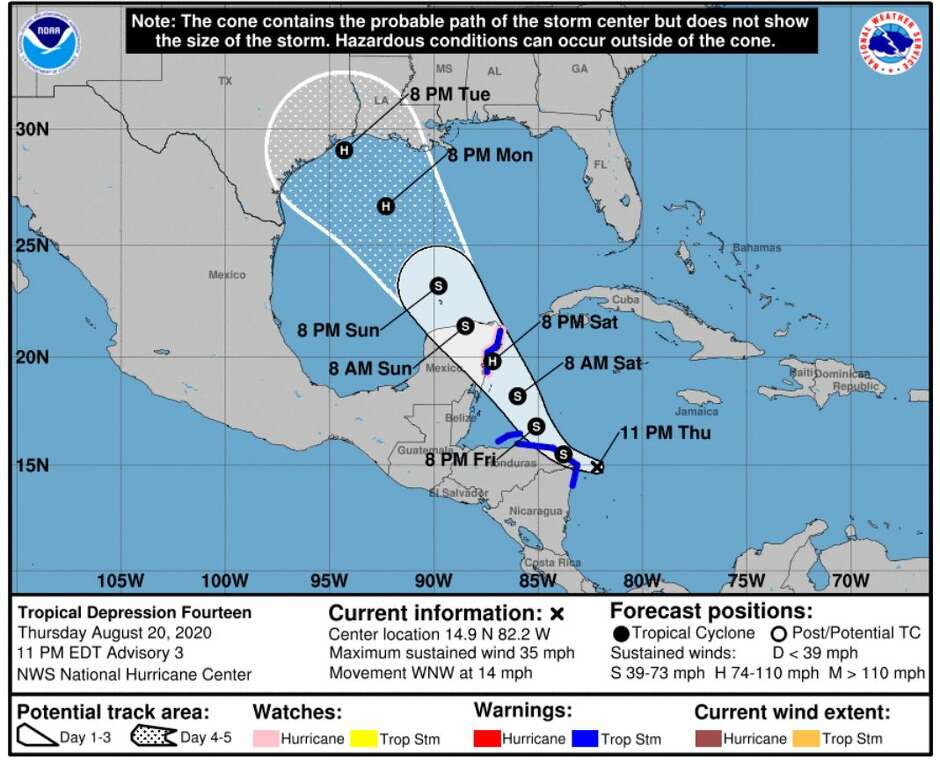 Location of TD 14 as of 10 p.m. CDT Thursday.