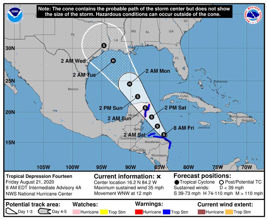 The latest projections have what is now tropical depression 14 making landfall along the Gulf coast sometime Tuesday, Aug. 25, 2020. Photo: National Hurricane Center