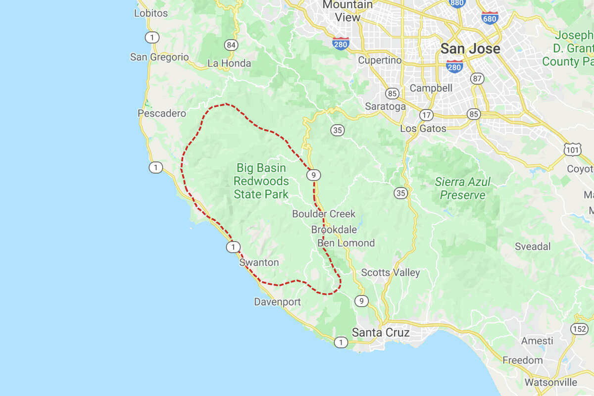 The approximate boundary of the CZU Lightning Complex Fire, derived from NOAA's GOES satellite as on Aug. 21, 2020.