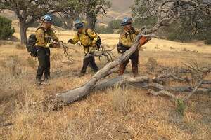 California Conservation Corps members trained in firefighting are helping to fight the SCU Lightning Complex Fire near Tracy, California. They are digging lines and back burning to help control the fire.