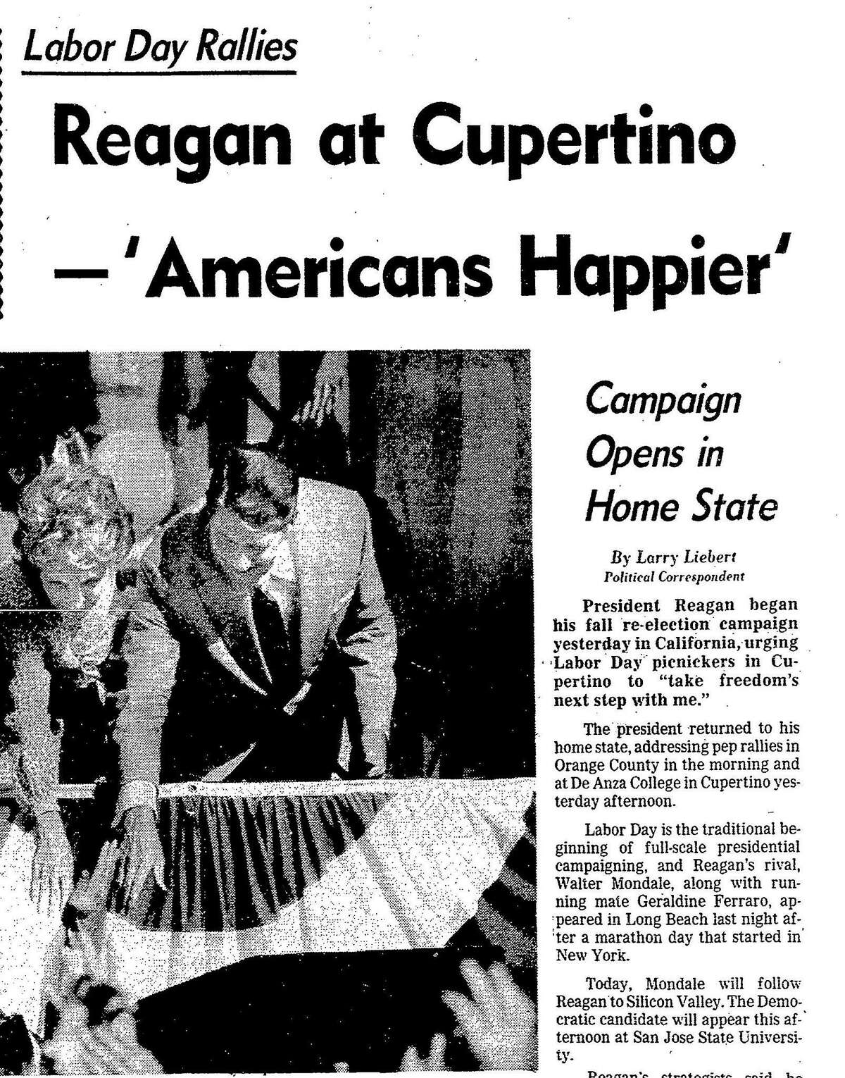 1984年9月4日，纪事报报道了现任总统罗纳德·里根在德安萨学院的竞选集会