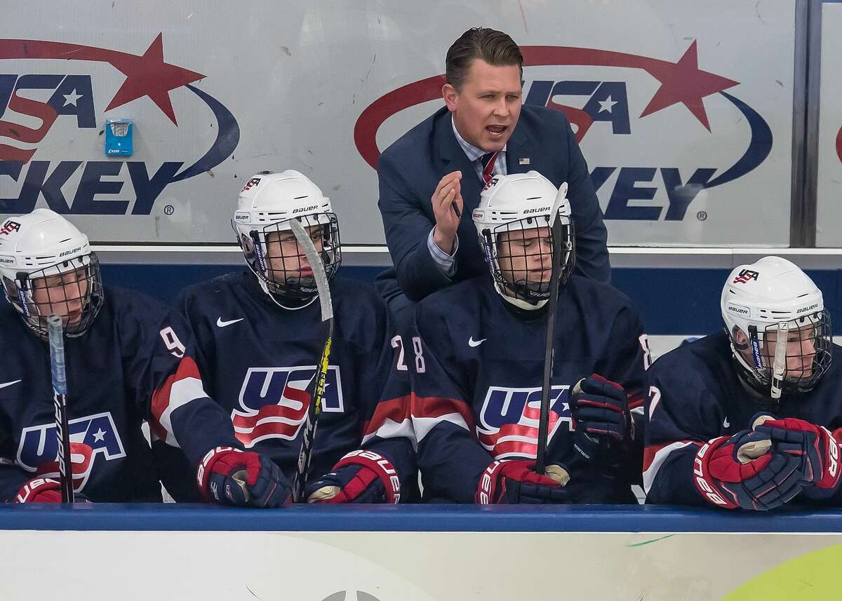 PLYMOUTH, MI - FEBRUARY 14: Head coach Seth Appert of the USA Nationals watches the action from the bench against the Czech Nationals during the 2018 Under-18 Five Nations Tournament game at USA Hockey Arena on February 14, 2018 in Plymouth, Michigan. The Czech Republic defeated the USA Nationals 6-2. (Photo by Dave Reginek/Getty Images)*** Local Caption *** Seth Appert