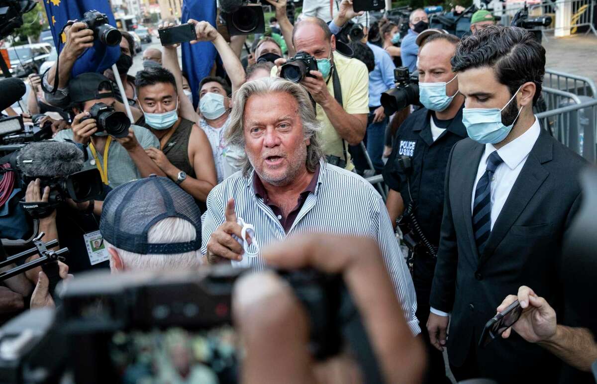 Steve Bannon leaves federal court Aug. 20, 2020, after pleading not guilty to charges that he ripped off donors to an online fundraising scheme to build a southern border wall.