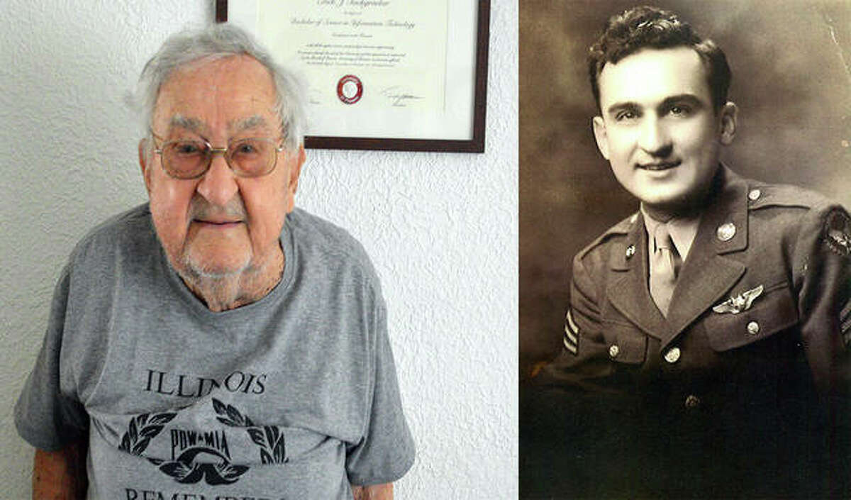 Bob Teichgraeber, of Collinsville, left, who turns 100 today, spent 421 days as a prisoner of war during World War II. Teichgraeber is shown on the right in his American uniform before being sent overseas.
