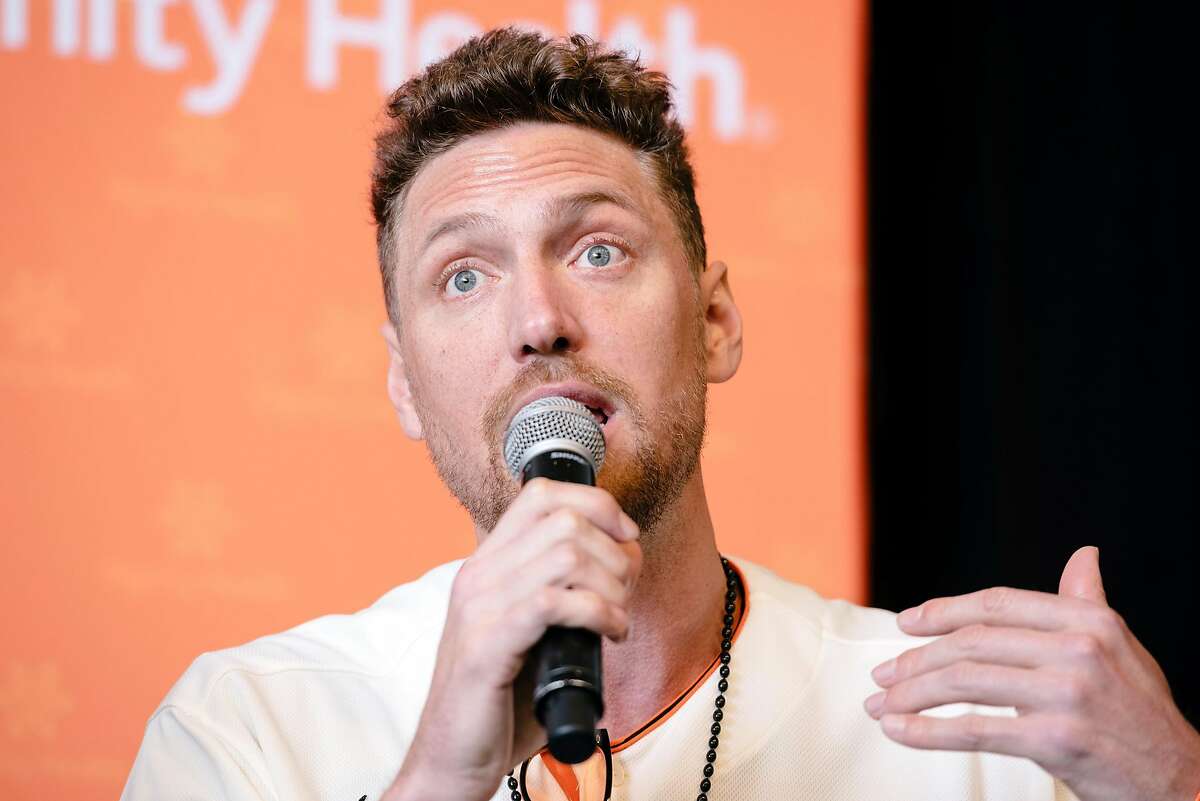 Hunter Pence answers a question from the audience during the San Francisco Giants Fan Fest event at Oracle Park in San Francisco, California, U.S., on Saturday, Feb. 8, 2020.