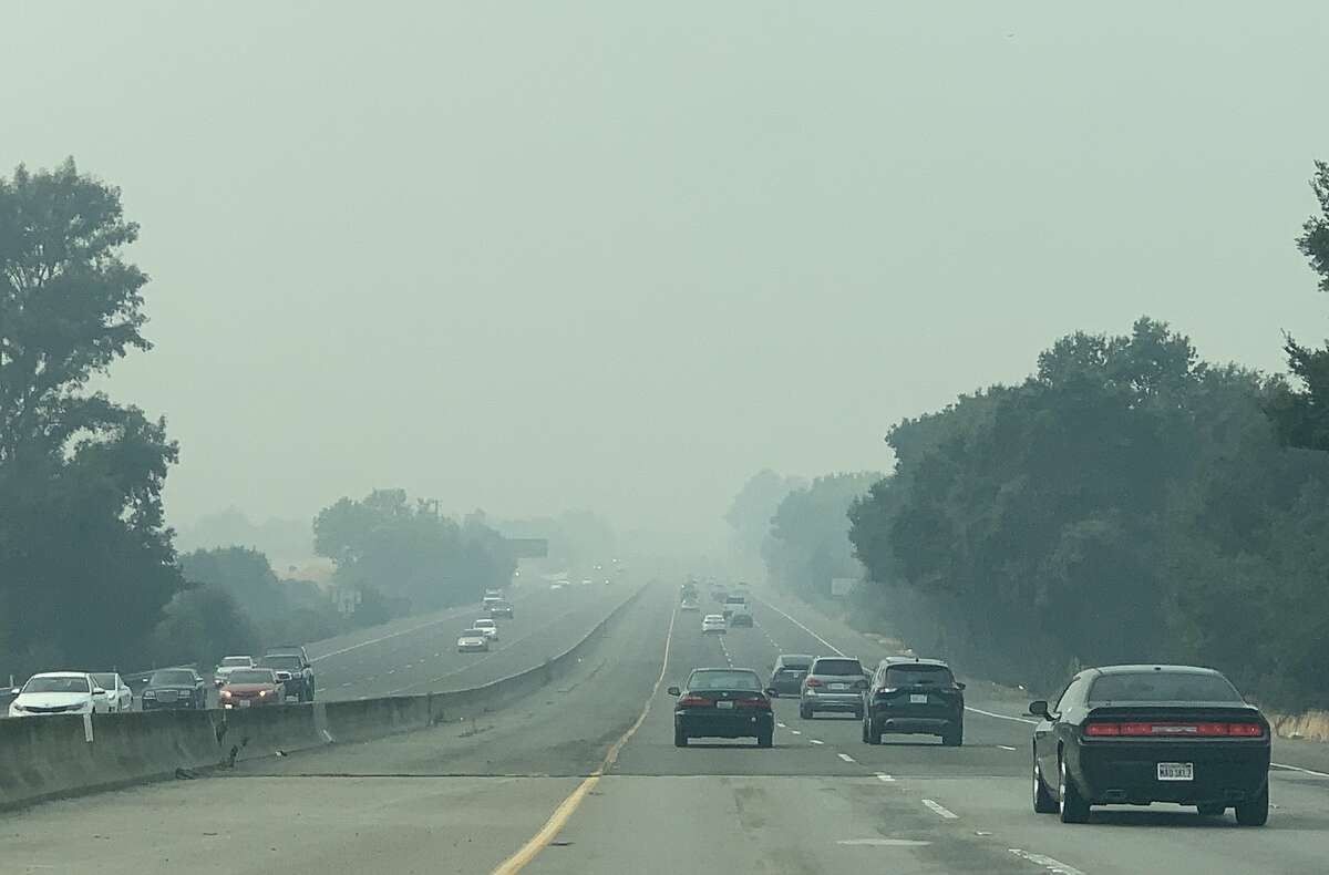 Smoke from the SCU Lighting Complex Fire settles in the Tri-Valley, making air quality conditions hazardous for all seen here along Highway 680 near Bernal Avenue in Pleasanton, Calif. Sunday, August 23, 2020.
