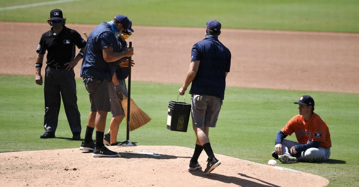 Zack Greinke #21 of the Houston Astros sits on the field as groundskeepers work on the mound during the fourth inning against the San Diego Padres at Petco Park on August 23, 2020 in San Diego, California. (Photo by Denis Poroy/Getty Images)