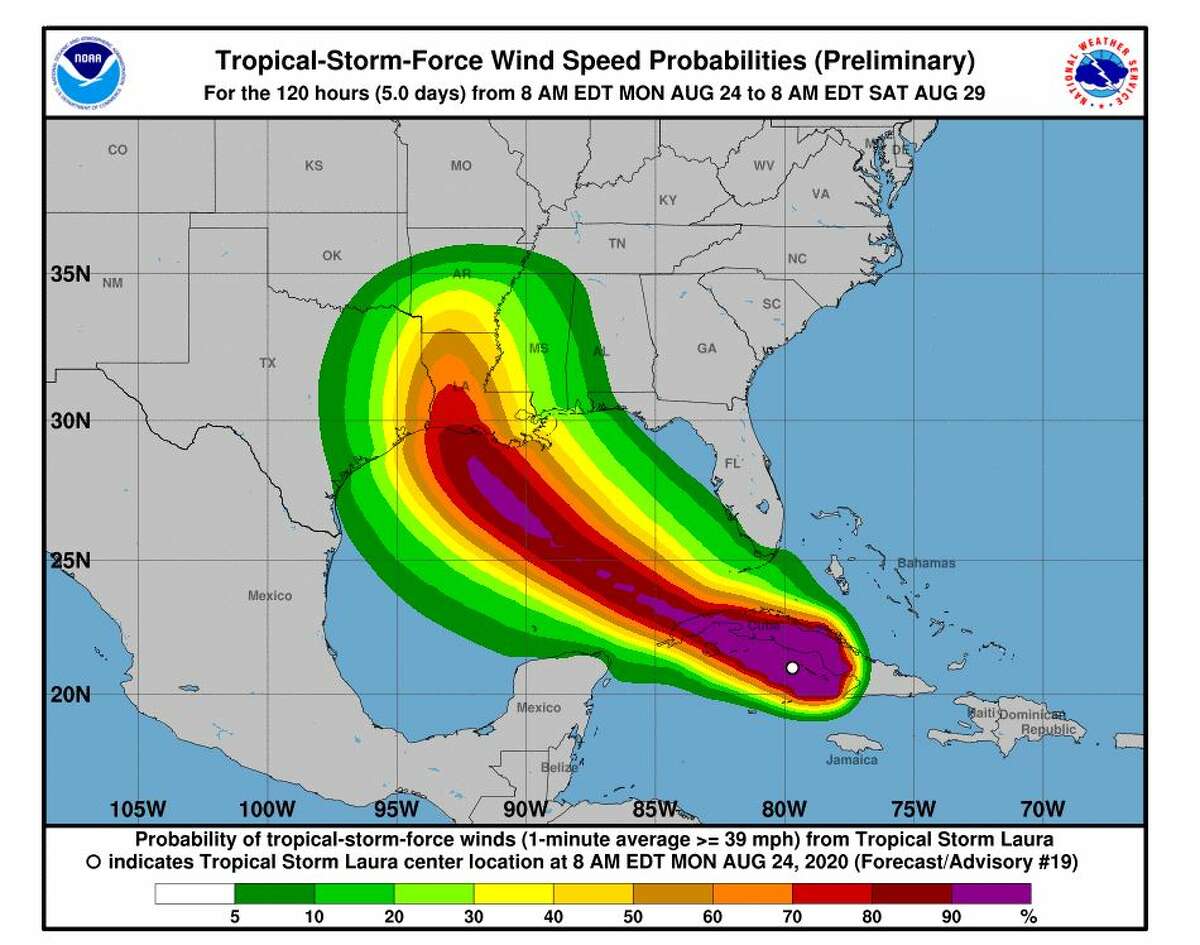 Projection for tropical storm-force winds from Laura.