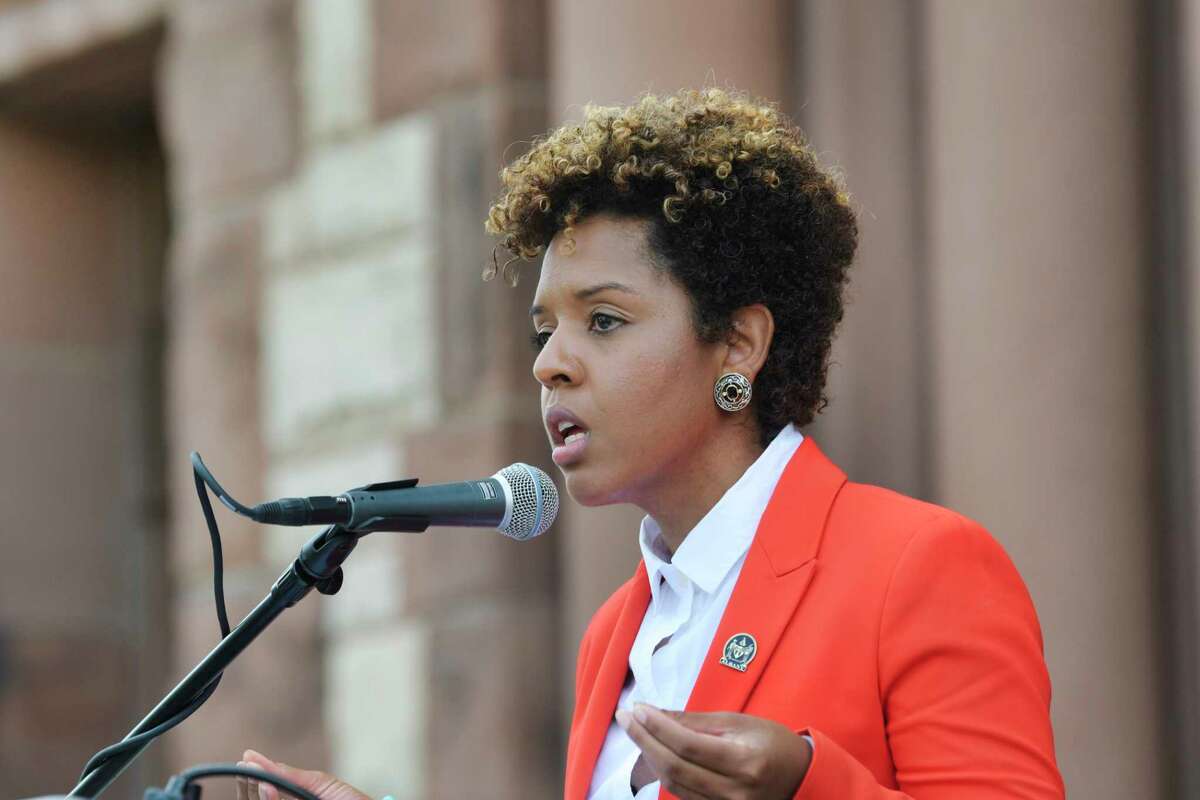 Dorcey Applyrs, City of Albany chief city auditor, speaks at a press conference outside city hall on Monday, Aug. 24, 2020, in Albany, N.Y. The press conference was held to announce that a racial bias audit of the city police department will take place and that the consulting firm CNA out of Arlington, Virginia has been selected to conduct the audit. (Paul Buckowski/Times Union)