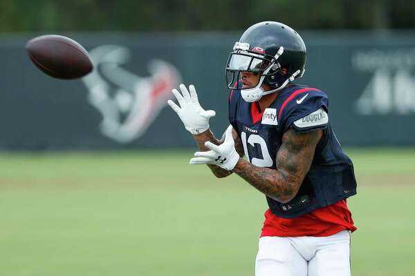 Houston Texans wide receiver Kenny Stills reaches out to make a catch during an NFL training camp football practice Monday, Aug. 24, 2020, in Houston.