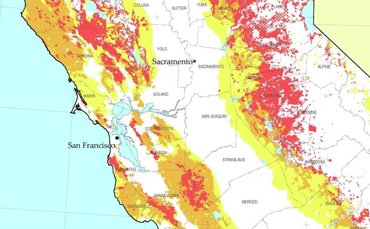 This Cal Fire map shows Northern California's fire severity zones, with yellow areas signifying moderate risk; orange, high risk; and red, very high risk.