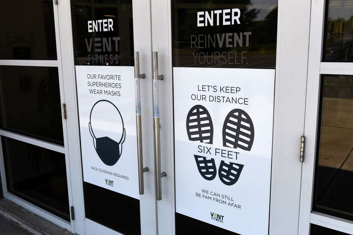 Coronavirus safety guidelines are posted at Vent Fitness on Monday, Aug. 24, 2020, in Guilderland, N.Y. New York gyms reopened Aug. 24 under the state's coronavirus reopening plan. (Will Waldron/Times Union)