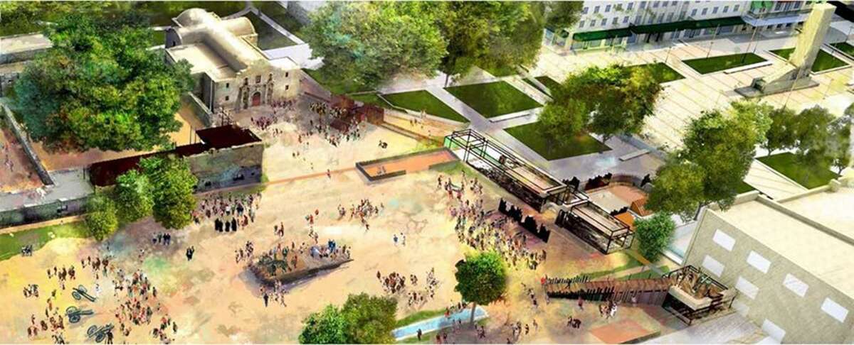 The Alamo posted a new rendering on its Facebook page Friday, showing what part of the plaza might look like in 2024, if the project moves forward as planned. The illustration includes an interpretation of a second story of the Long Barrack, as it existed in 1836; a spatial representation of the Low Barrack and Main Gate along the south wall of the mission-fort; and a ramp and platform as it appeared in 1836, at the southwest corner of the compound, where the Alamo garrison's largest cannon was fired during the siege and battle.