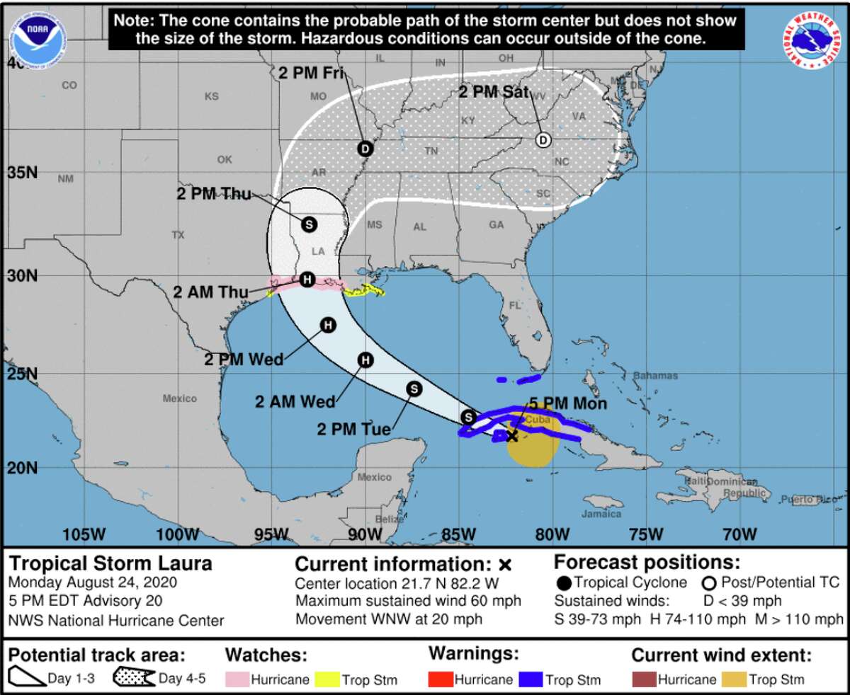 Marco and Laura continue to move inland toward the Gulf Coast. Marco is currently a weakening system, while Laura will likely intensify to hurricane status on Wednesday, possibly as a Category 2 hurricane.