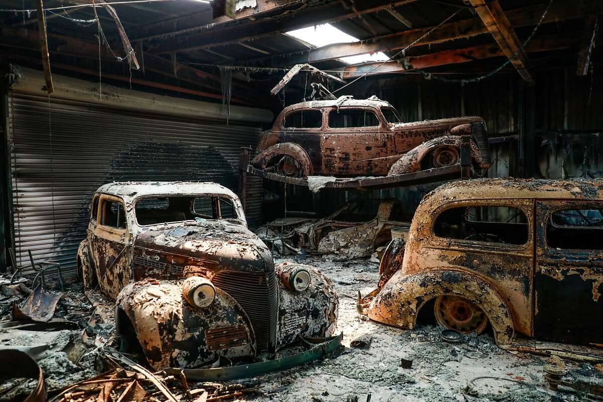 Ken Albers�, 72, (not pictured) vintage cars are seen destroyed after the LNU Lightning Complex fire tore through the area on Monday, Aug. 24, 2020 in Vacaville, California.