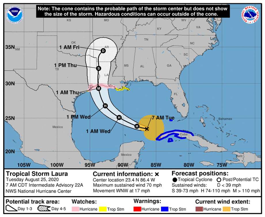 The latest track forecast for Tropical Storm Laura as of Tuesday, Aug. 25, 2020. Photo: National Hurricane Center
